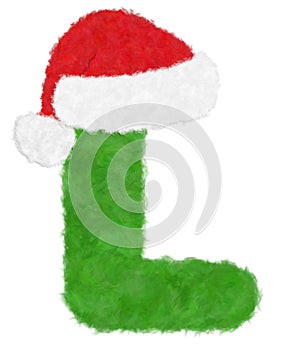 3D Ã¢â¬ÅGreen wool fur feather letterÃ¢â¬Â creative decorative with Red Christmas hat, Character L isolated in white background